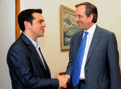 Alexis Tsipras (left)'s Syriza remains popular, but Antonis Samaras's New Democracy remains in front in the latest polls.