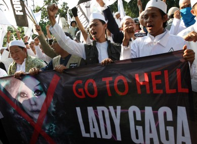 Demonstrators protest against Lady Gaga's proposed Indonesian gigs in Jakarta outside the US Embassy last Friday.