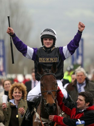 Gillies celebrates winning the Albert Barlett Novices' Hurdle at Cheltenham.
