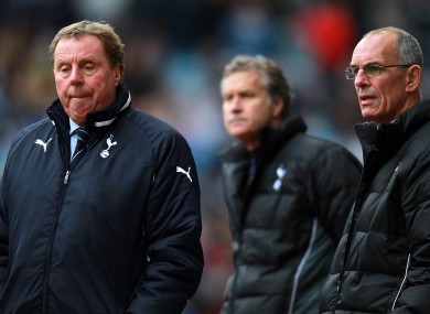 Former Tottenham Hotspur manager Harry Redknapp (left), assistant manager Kevin Bond (centre) and first team coach Joe Jordan.