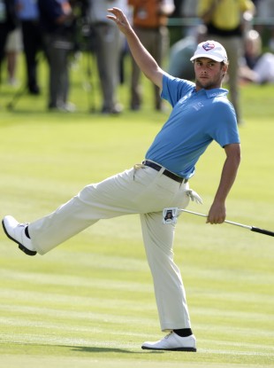 Spencer Levin reacts to missing his birdie putt on the 13th hole.