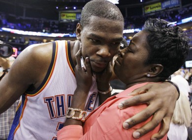 Kevin Durant is congratulated by his mother.