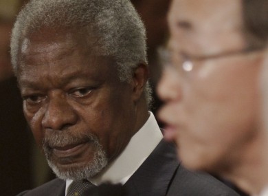 Kofi Annan and Ban Ki-Moon address reporters after yesterday's behind-closed-doors meeting of the UN Security Council.