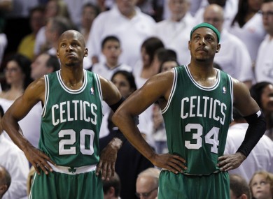 Boston Celtics' Ray Allen and Paul Pierce can only watch on as the Miami Heat make their way to the NBA Finals.