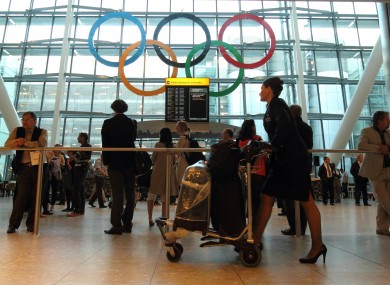Giant Olympic Rings are unveiled at Terminal 5 of Heathrow Airport yesterday.