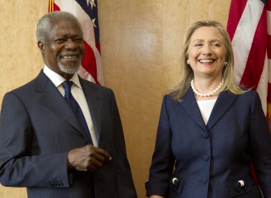 Kofi Annan with Hillary Clinton at the Action Group on Syria meeting in the UN HQ in Geneva today