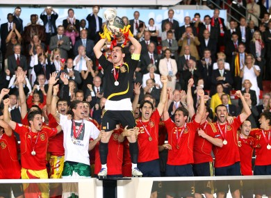 Spain's captain Iker Casillas lifts the Euro 2008 trophy.