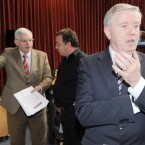 Pat Cox (foreground, Alliance for Ireland) and Socialsit TD Joe Higgins pictured as they wait to be interviews by RTE after the result announced at Dublin Castle. (Laura Hutton/Photocall Ireland)
