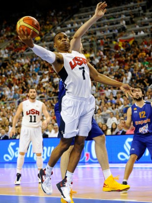 The USA's Russell Westbrook jumps for the ball during an exhibition match against Spain