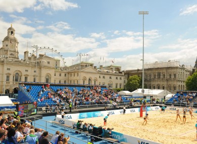 General view of the arena during the preliminary phase of the FIVB Beach Volleyball International at Horse Guards Parade.