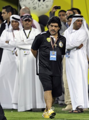 Diego Maradona on the sideline during a game in Dubai.
