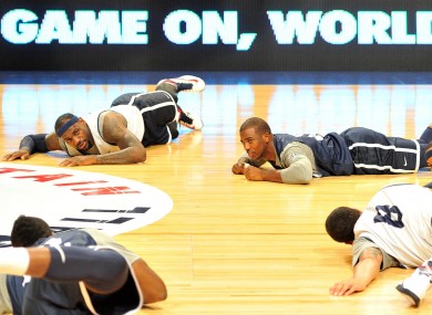 USA Basketball stars Lebron James, Chris Paul, Carmello Anthony, Deron Williams and James Harden during a training session at the Manchester Arena, Manchester.