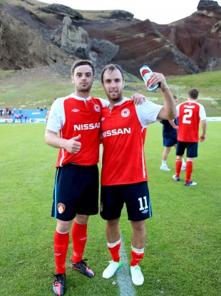 Greg Bolger and Sean O'Connor of St Pat's celebrate after their first round victory in Iceland.