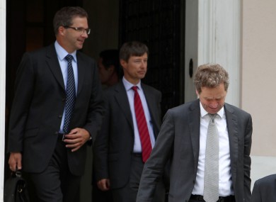 International Monetary Fund (IMF) mission chief Poul Thomsen, right, European Central Bank's (ECB) Klaus Masuch, left, and European Commission's director Matthias Mor