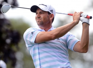 Sergio Garcia hits his tee shot on the fifth hole of the third round of The Barclays golf tournament at Bethpage.