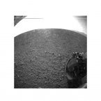 A black and white image captured by Curiority's hazard avoidance camera within hours of landing on Mars. (Image: NASA/JPL-Caltech)