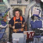 Astronaut Shannon W Lucid on Treadmill in Russian Mir Space Station in 1996.
Pic: NASA