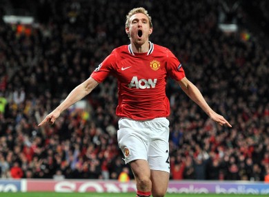 Darren Fletcher celebrates a Champion League goal last season.