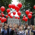 The Turn Off the Red Light Campaign coalition releases red balloons in front of Leinster House, Dublin to mark the submission of its case for outlawing paid sex to a Dail committee reviewing the laws on prostitution. Image: Julien Behal/PA Wire. 