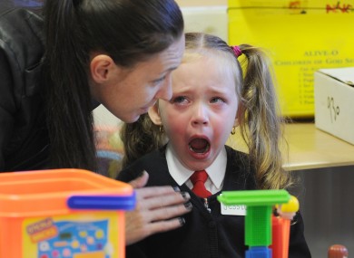 Jessica Boyle gets a little upset as she has to leave her mother on her first day at Gardiner Street school in Dublin 1 earlier this month.