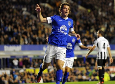 Everton's Leighton Baines celebrates after he scores the first goal of the game for his side on Monday night.