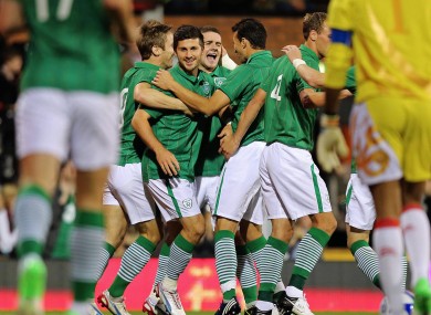 Shane Long is congratulated by his team-mates.