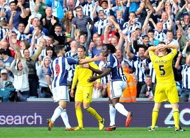 West Bromwich Albion's Romelu Lukaku (right) celebrates scoring his side's first goal of the game with teammate Shane Long.