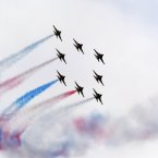 South Korean Air Force's aerobatic team, the Black Eagles, performs during the 64th anniversary of Armed Forces Day at the Gyeryong military headquarters in Gyeryong. (AP Photo/Lee Jin-man)