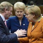 “Eh, Angela, remember about four months ago ye said ye would allow the ESM to recapitalise banks directly? Can we get the ball rolling on that?”

Taoiseach Enda Kenny has a word with German Chancellor Angela Merkel, while Lithuanian President Dalia Grybauskaite looks on. (AP Photo/Geert Vanden Wijngaert)