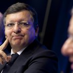European Commission President Jose Manuel Barroso staring at Philippe de Buck. (AP Photo/Virginia Mayo)