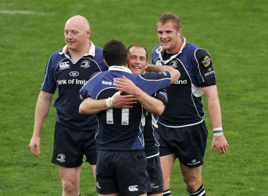 Felipe Contepomi, Bernard Jackman and Jamie Heaslip celebrate the Magners League win in 2008.