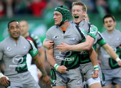 Dave McSharry celebrates his try against Harlequins.