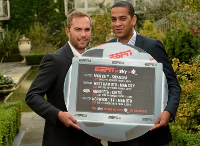Two Amigos: Jason McAteer, left, and Phil Babb at an event to promote ESPN's coverage of the Barclays Premier League and the Clydesdale Bank SPL.