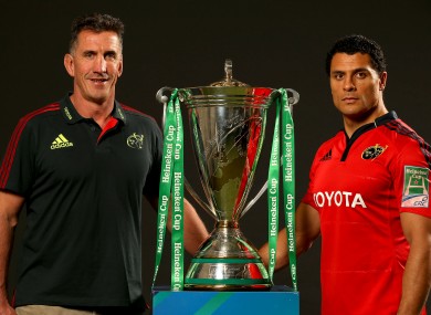 Rob Penney, Munster Head Coach, and skipper Doug Howlett with Heineken Cup trophy.