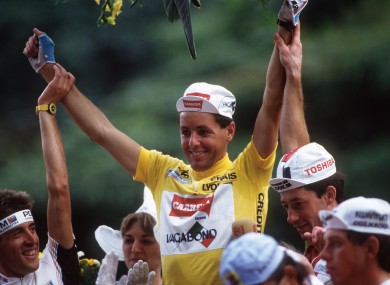Roche celebrates his Tour de France win in 1987.