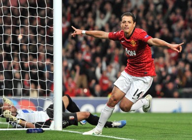 anchester United's Javier Hernandez celebrates scoring his second goal against Braga.