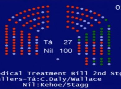 How the Dáil voted on the abortion bill, the light blue dots are the absent members.