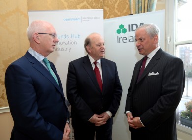 Barry O’Leary CEO, IDA Ireland, Minister for Finance, Michael Noonan, Jeffrey Tessler, CEO Clearstream at the announcement today.