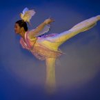 A North Korean performer, who plays the role of the female lead Song Chun Hyang, skates with a live pigeon on her head during a theatrical performance of the classic Korean story 