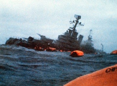 The Belgrano sinks in the South Atlantic Ocean after being torpedoed by the British Royal Navy's submarine Conqueror on 2 May.