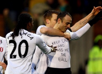 Dimitar Berbatov of Fulham celebrates his goal during the Premier League match yesterday.
