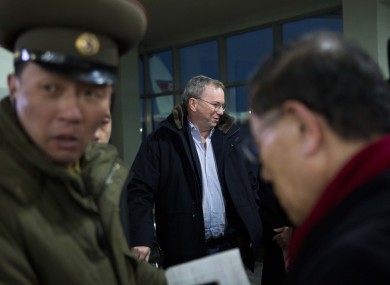 Eric Schmidt (centre) arriving at Pyongyang International Airport today