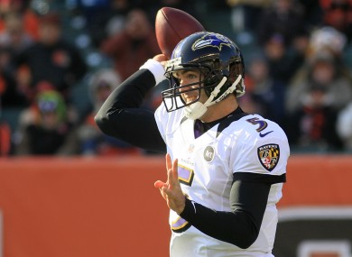 Baltimore Ravens quarterback Joe Flacco passes against the Cincinnati Bengals in the first half of an NFL football game last Sunday.