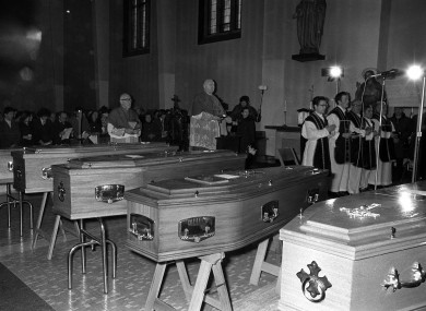Coffins at a mass held for the victims of Bloody Sunday at St Mary's Church in the Creggan Estate in Derry days after the shooting