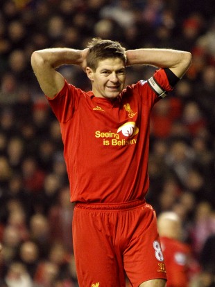 Liverpool's Steven Gerrard rues a missed chance.