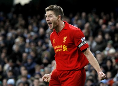 Gerrard shows his delight after scoring.