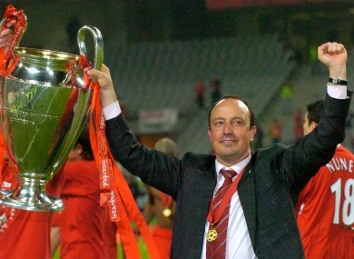 Benitez lifts the Champions League trophy back in 2005.
