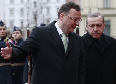 Czech PM Petr Necas (left) welcomes Turkish leader Recep Tayyip Erdogan in Prague earlier today
