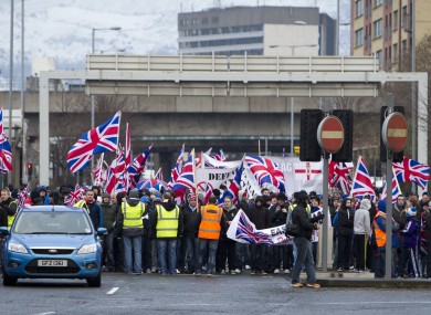 Loyalist protesters returning to East Belfast after a flag protest in Belfast City Centre.