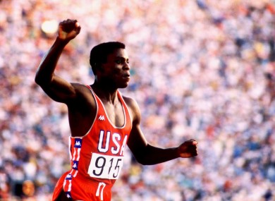 Carl Lewis celebrates his 100m Gold in 1984.